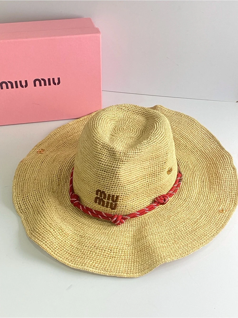 Miu Miu Natural Straw Sun Hat with Red Rope Band